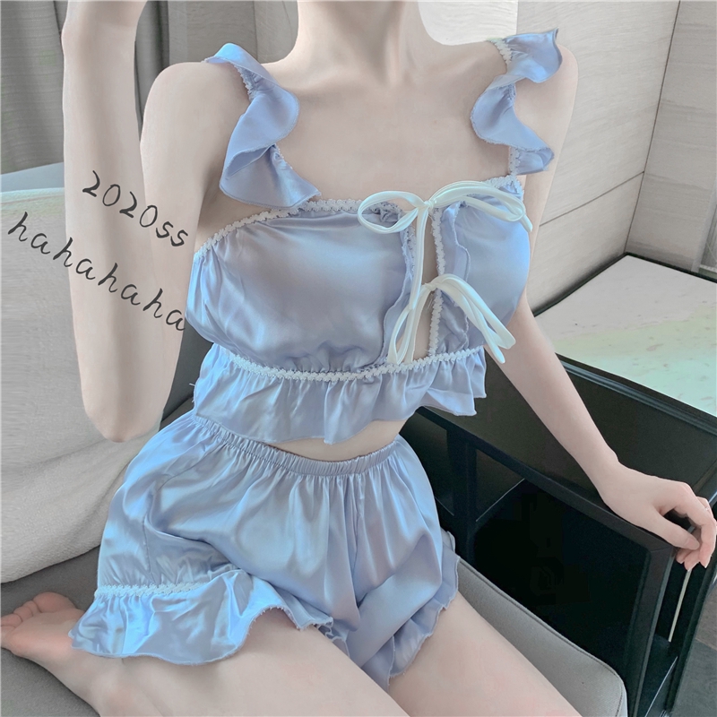 Đồ ngủ IELGY sát nách cạp cao viền nhún bèo đáng yêu cho nữ