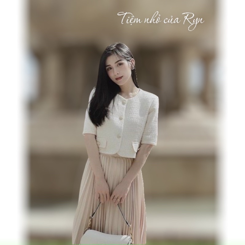 FREESHIP 🎶SET CROP DẠ PHỐI NÚT + CHÂN VÁY MIDI DẬP LI 🎶🎶