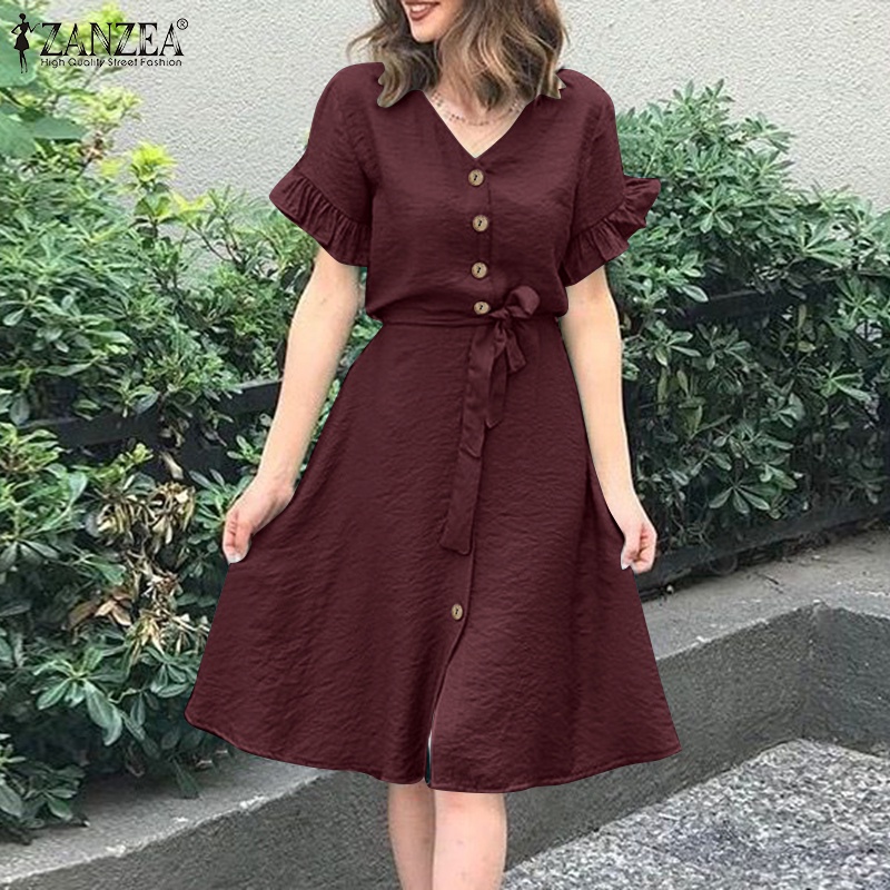 ZANZEA Đầm Tay Ngắn Cổ Chữ V Màu Trơn Cài Nút Thời Trang Cho Nữ