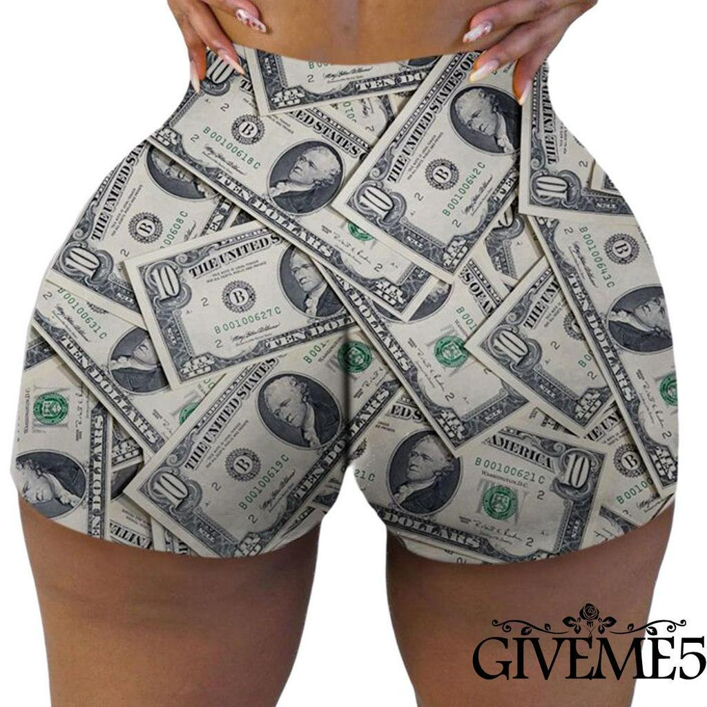 Quần short tập thể dục dáng ôm eo cao in hoạ tiết tiền đô thời trang mùa hè vui nhộn giản dị cho nữ