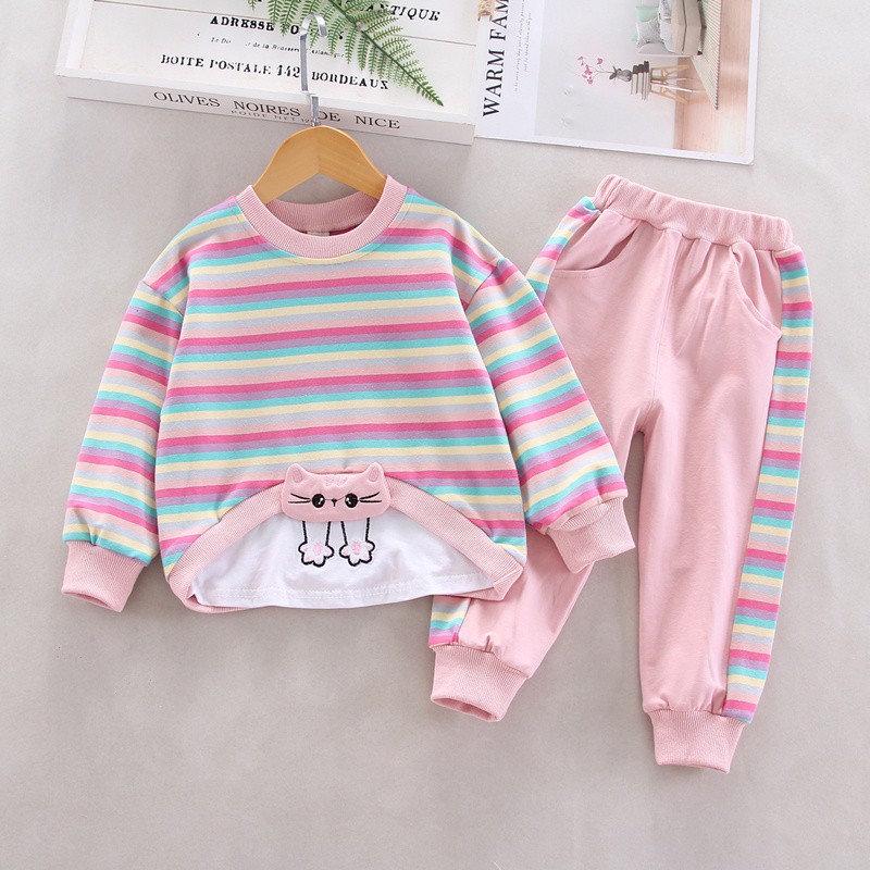 Set Áo Thun Tay Dài Sọc Cầu Vồng + Quần Dài Dành Cho Bé Gái