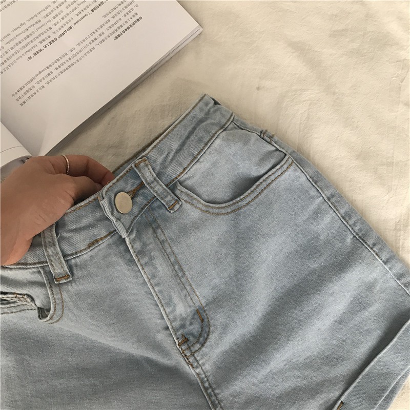 Xiaozhainv Quần short denim lưng cao co dãn kiểu dáng đơn giản hợp thời trang