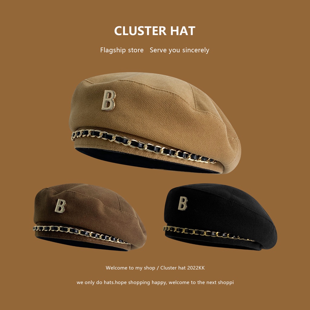 Mũ Beret Len Phối Dây Xích In Chữ B Kiểu Hàn Quốc Thời Trang Xuân Thu Dễ Phối Đồ