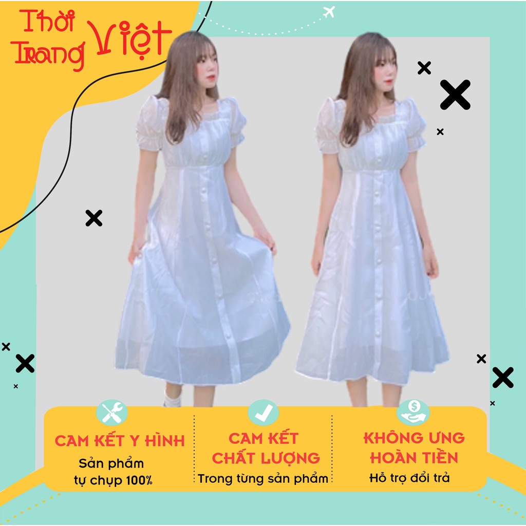 Váy trắng tay bồng che khuyết điểm, Đầm trắng tiểu thư kiểu dáng dễ thương có cúc bọc 2 lớp dày dặn