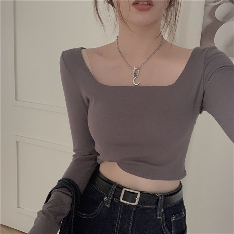Áo croptop tay dài cổ vuông màu trơn co dãn phong cách Hàn Quốc ba màu tùy chọn 45 ETT504