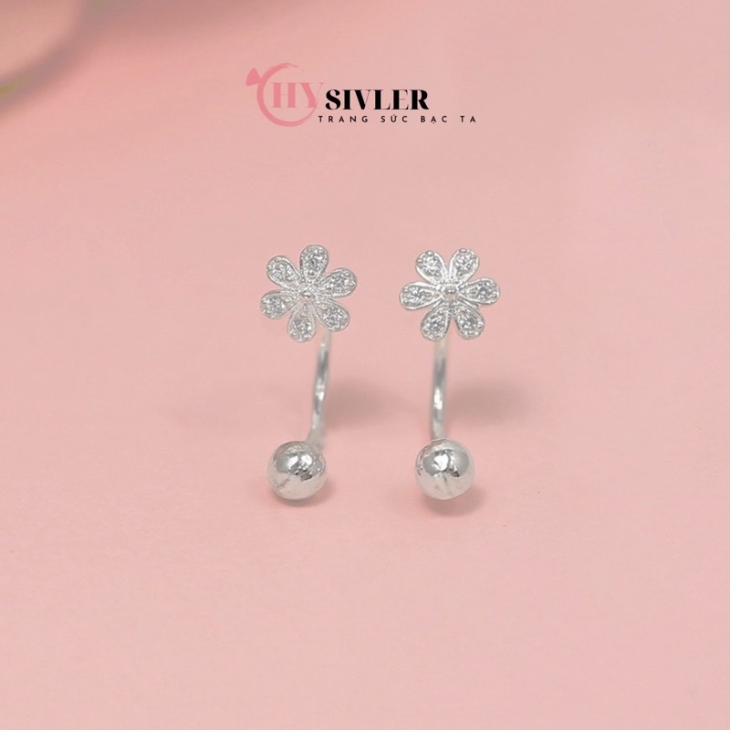Bông tai bạc ta dạng khoen bông hoa 6 cánh đính đá đeo được 2 kiểu bông tai nữ bạc thật