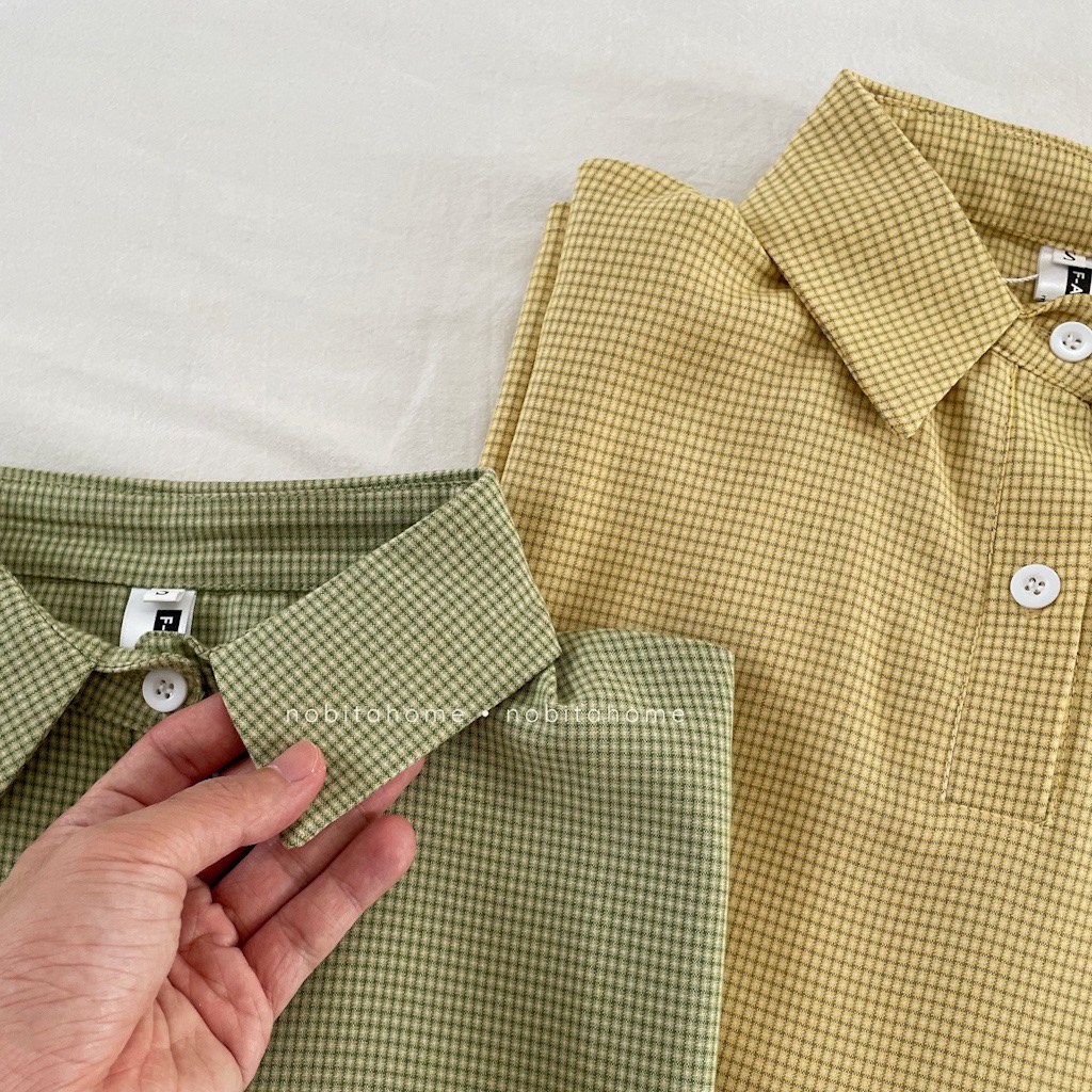 NOBITA HOME - Sơ mi tay ngắn cổ henley kê caro nhí form rộng BURNLEY