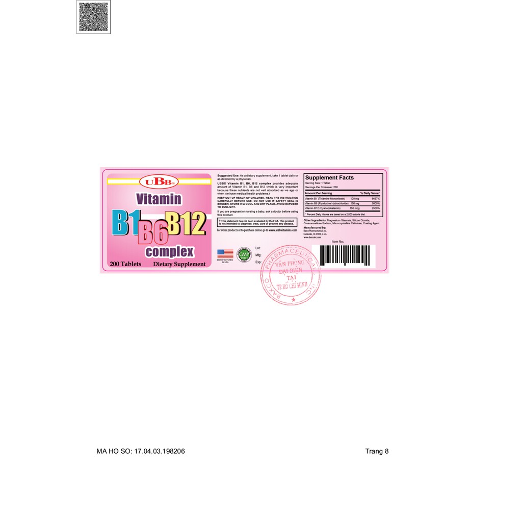 Vitamin 3B UBB – Hỗ trợ bổ sung vitamin B1, B6, B12 giúp tăng cường sức khỏe (Lọ 200 viên)