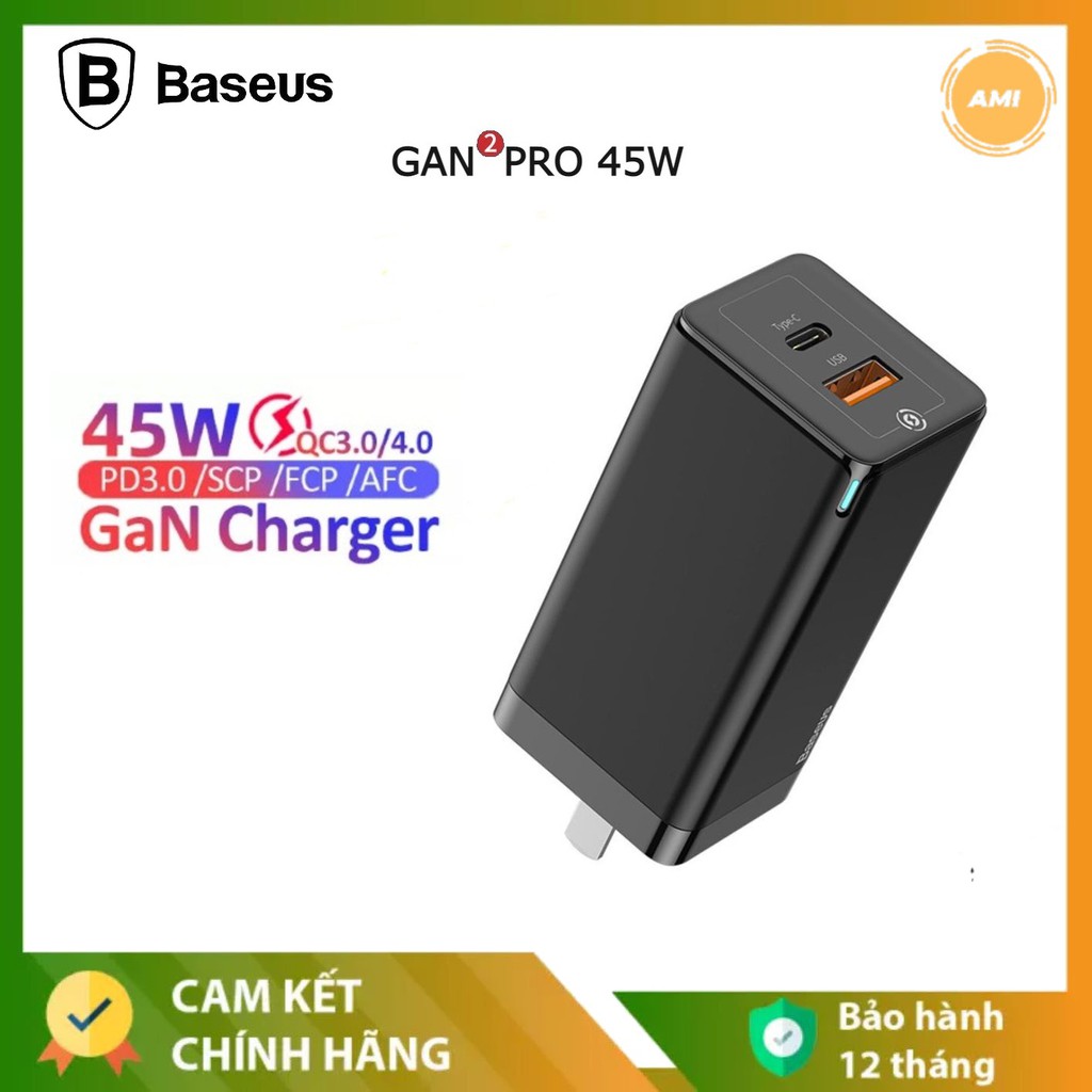 Củ Sạc Nhanh Gan2 Pro 65w Baseus - Cổng USB + 2 Type C - Sạc nhanh cho Điện Thoại /Máy Tính Bảng /Laptop - Chính hãng