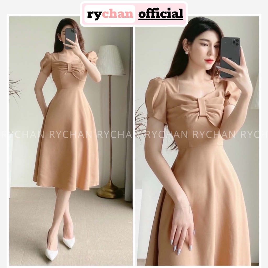 Đầm Váy Nữ Dự Sinh Nhật Cổ Vuông Phối Xếp Li Trước Ngực Dáng Xòe Nhẹ Nhàng Nữ Tính Màu Kem - DX9779