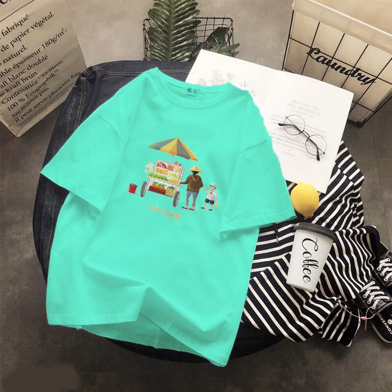 Áo thun Cotton Unisex - Việt Nam - Sài gòn - Bộ thiết kế sài gòn sau lưng: cô bán bánh mì