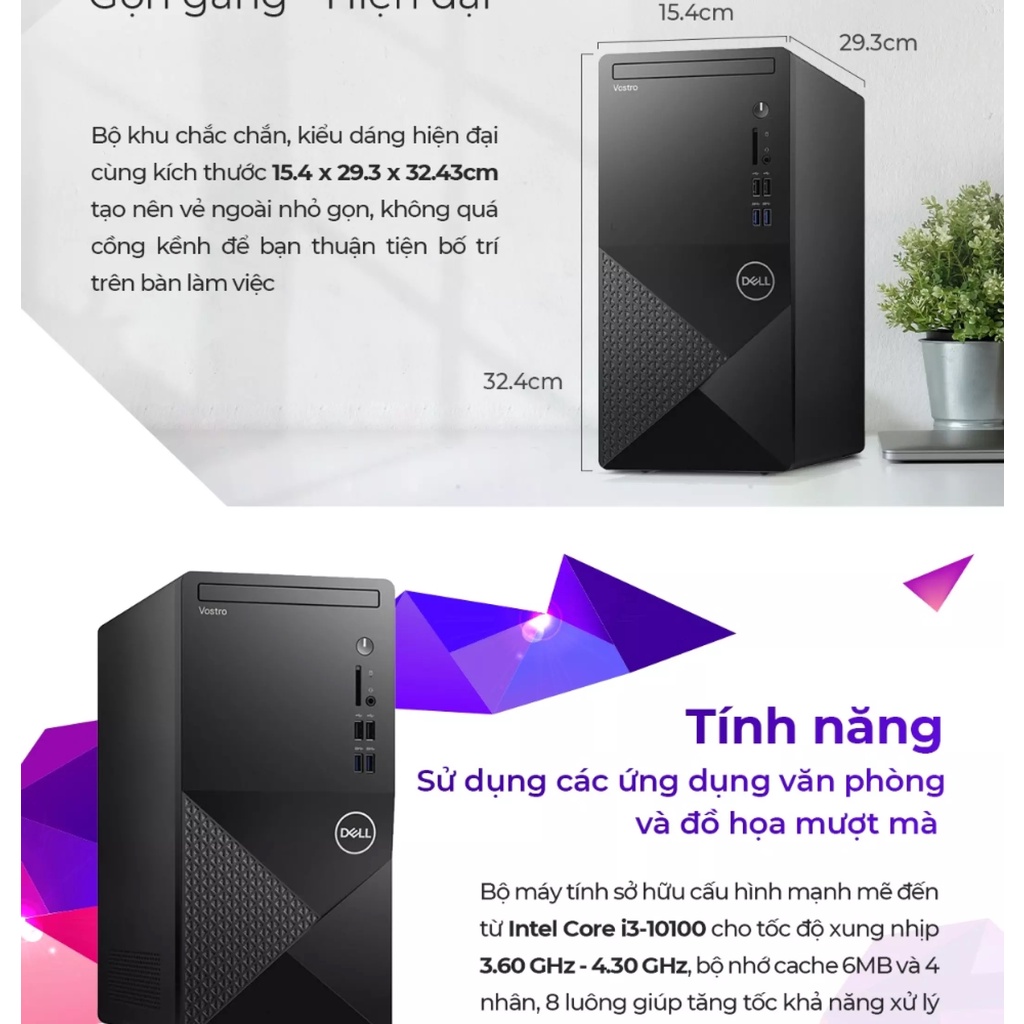 Máy tính để bàn Dell Vostro 3888 (Intel / i3-10100 / 4GB RAM / 1TB HDD / McAfeeMDS / Win 10 Home SL) l Black l 70226499 | BigBuy360 - bigbuy360.vn