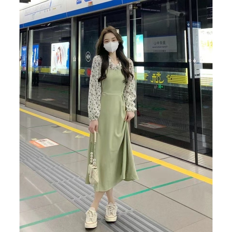 Đầm Giả Hai Mảnh Họa Tiết Hoa Phong Cách Pháp Thanh Lịch Thiết Kế Mới Cho Nữ