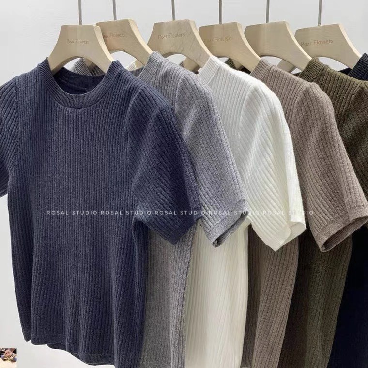 [Ảnh thật] Áo len gân cổ tròn ngắn tay bảng màu siêu xinh chất đẹp | BigBuy360 - bigbuy360.vn