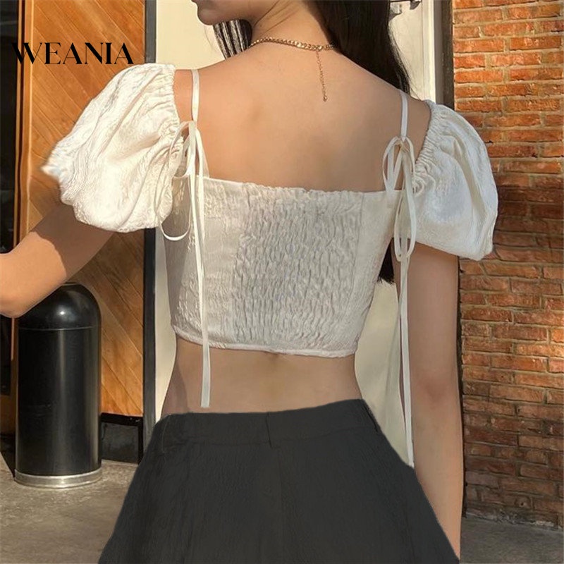Áo Croptop Tay Phồng Cổ Vuông Xinh Xắn Dành Cho Nữ