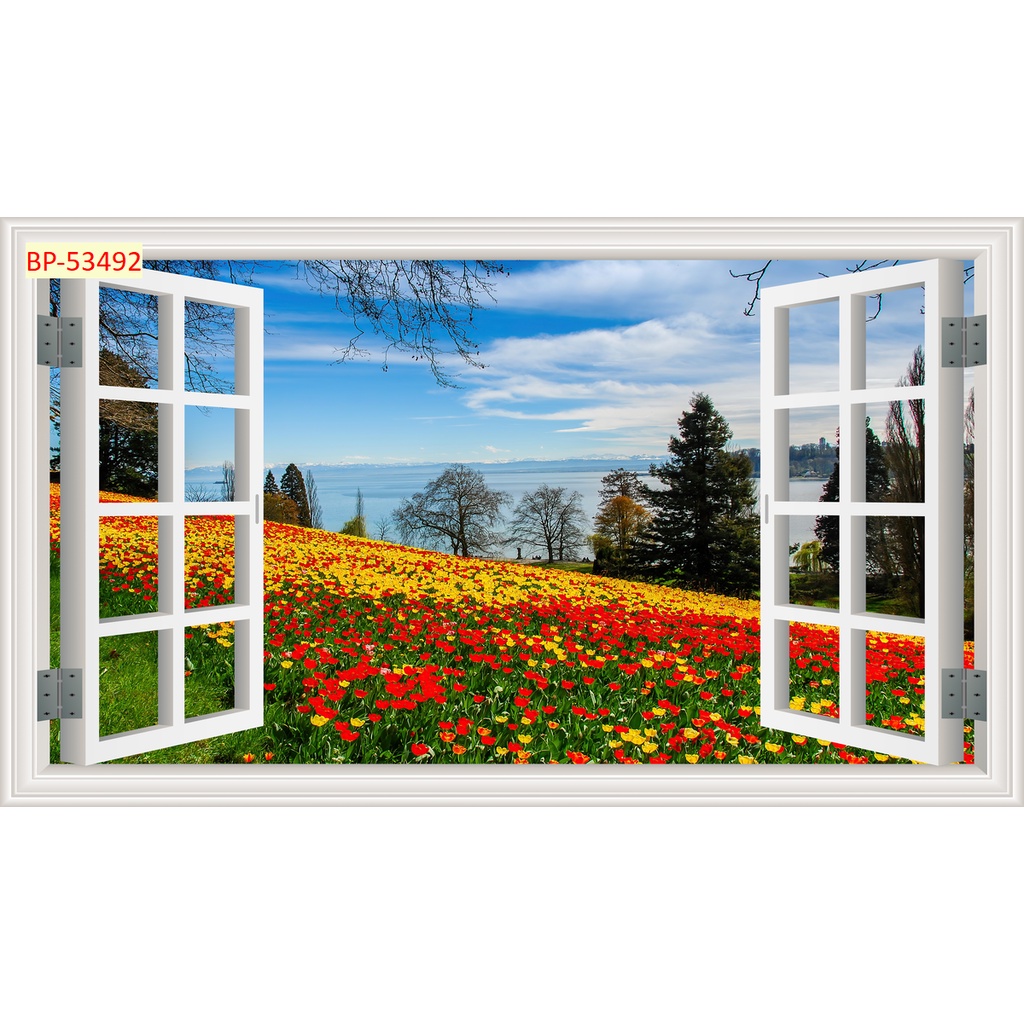 Tranh dán tường 3d cửa sổ thoáng mát tạo cảm giác thoải mái, tự nhiên
