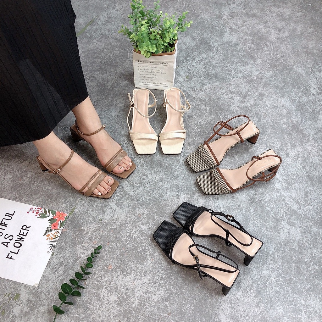 Giày Sandal Gót COLEE Dây Ngang Xéo Sườn Cao 5p VNXK