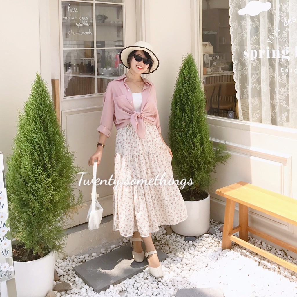 CHÂN VÁY MIDI HOA+SƠ MI+ÁO 2 DÂY MÙA HÈ (ảnh thật/sẵn/video)