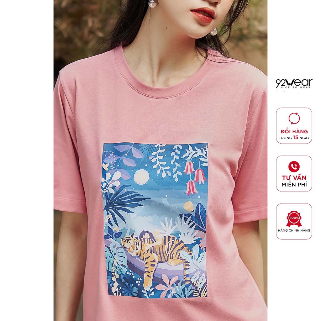 Áo phông nữ ngắn tay cổ tròn in hình hổ du xuân 92WEAR, hottrend 2022, thoáng mát, không bai dão ATA2257