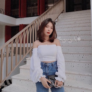 [Ảnh thật] Croptop trễ bẹt vai tay bồng chun loe - by SugarG