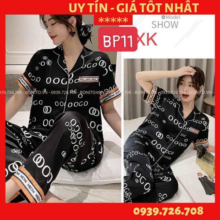 Đồ mặc nhà cao cấp- Bộ đồ ngủ pijama lụa cao cấp quần dài tay ngắn hình chữ viền màu cam nổi đẹp chuẩn chất mịn mát rượi