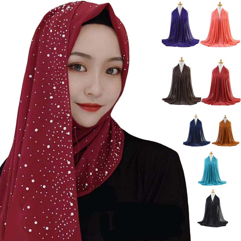 Khăn Trùm Đầu Chiffon Đính Đá Và Ngọc Trai Nhân Tạo Màu Sắc Nhã Nhặn Thanh Lịch Dành Cho Phụ Nữ Hồi Giáo