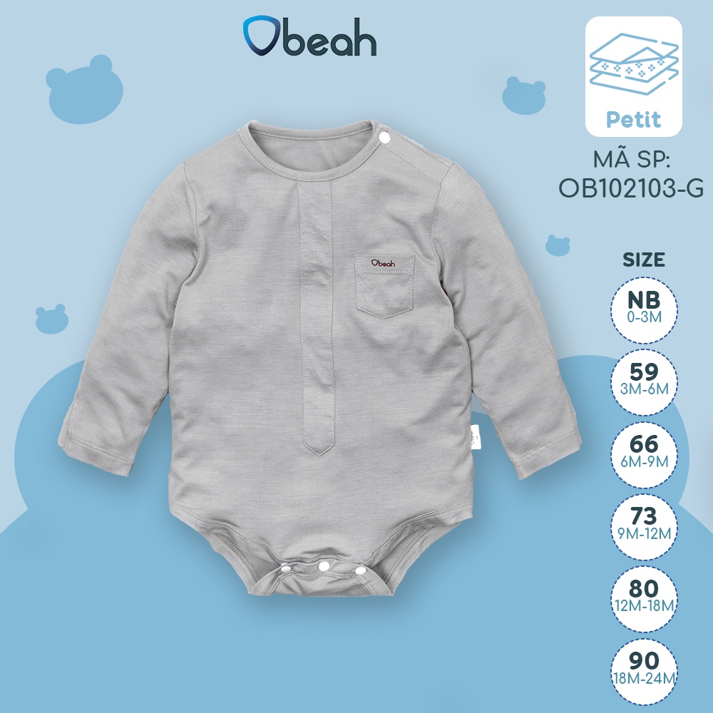 Áo body liền thân Obeah màu ghi Fullsize 59 đến 90 cho bé từ 0 đến 24 tháng
