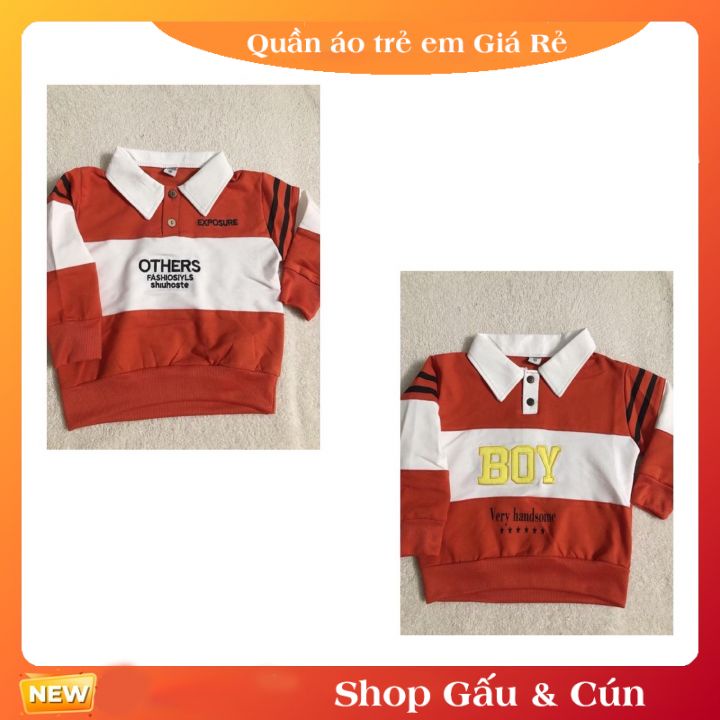 Áo nỉ có cổ cho bé trai thêu chữ màu cam phối trắng dày dặn 10-20kg