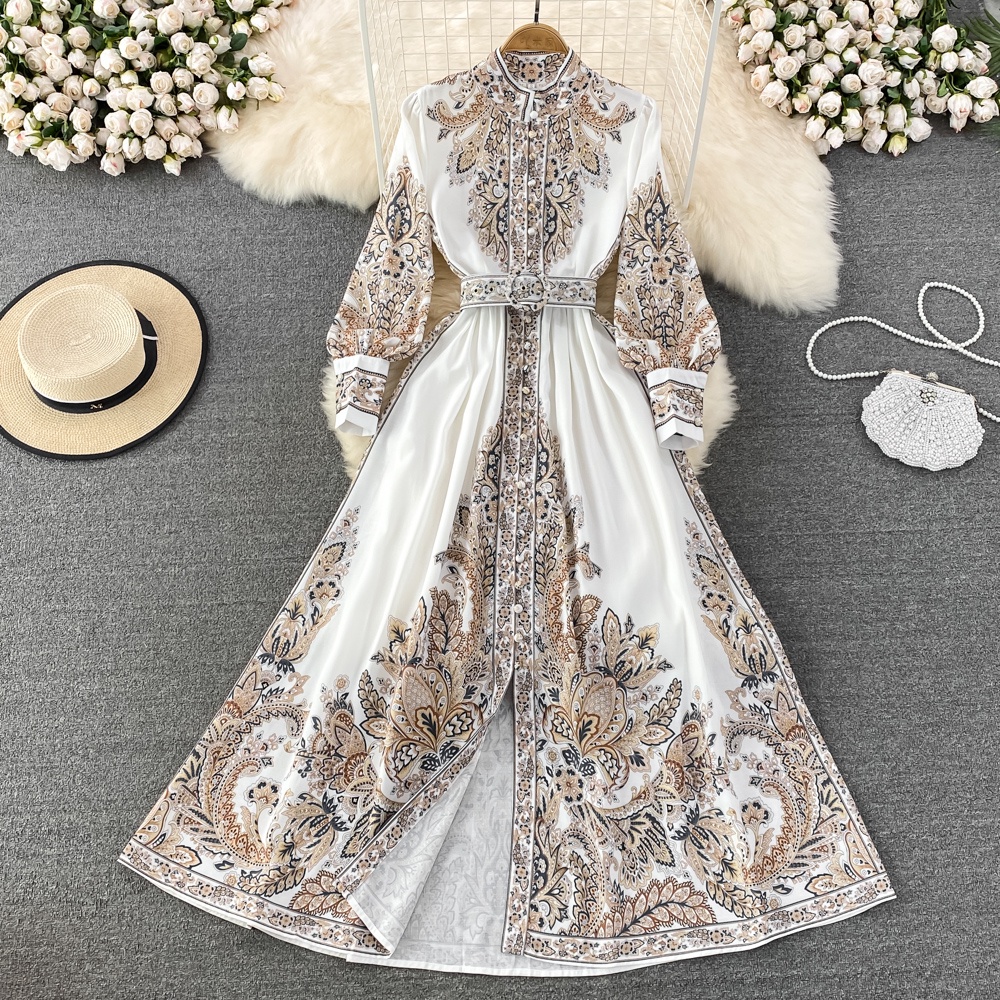 Đầm retro cổ áo đứng phong cách thanh lịch 2 màu kèm thắt eo