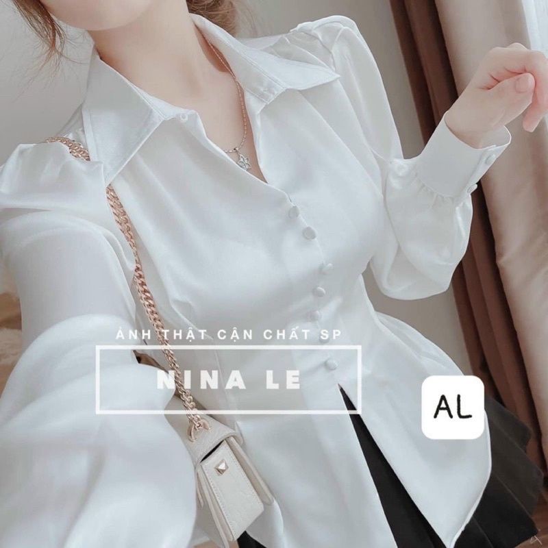 Áo sơ mi lụa tay cúc bọc buộc nơ sau lưng siêu xinh (kèmm ảnh thật)