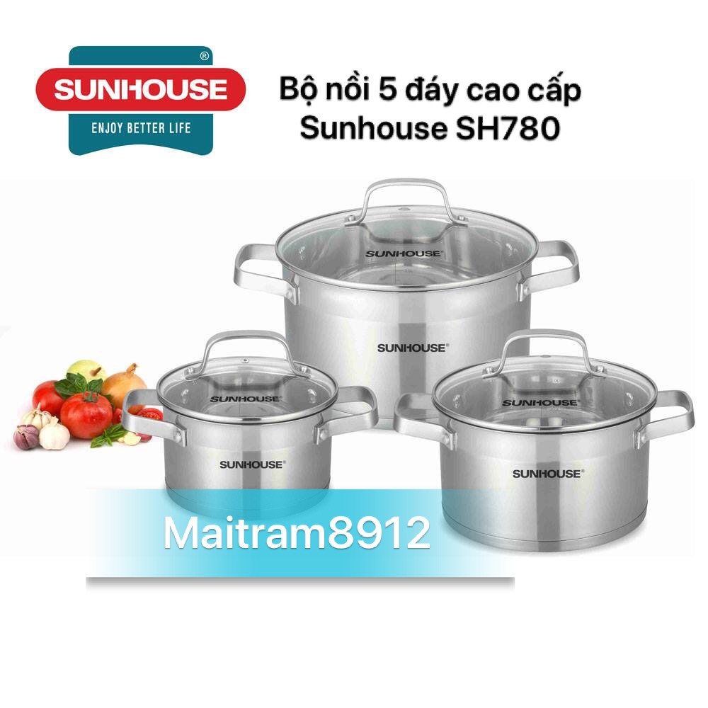 BỘ 3 NỒI INOX 5 ĐÁY SUNHOUSE MAMA CAO CẤP SH780 ĐÁY TỪ (DÙNG ĐƯỢC BẾP TỪ), GỒM NỐI 16 CM, 20 CM, 24 CM