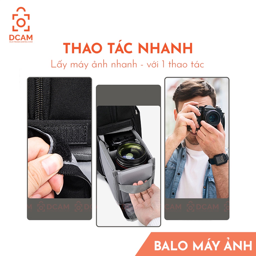 Balo máy ảnh Caden Half Photo - CHỐNG NƯỚC 100% - Thao tác nhanh - Có ngăn đựng lapop