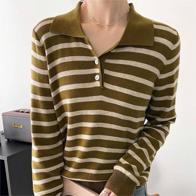 【ZHELIHANGFEI】Áo Len POLO Tay Dài Form Rộng Họa Tiết Sọc Dễ Phối Đồ