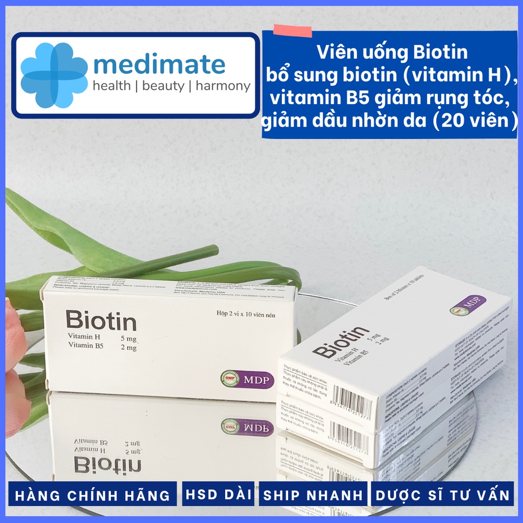 Biotin viên uống bổ sung biotin và vitamin B5 giúp đẹp da, da mịn màng, tóc dày bóng, móng chắc khỏe (20 viên)