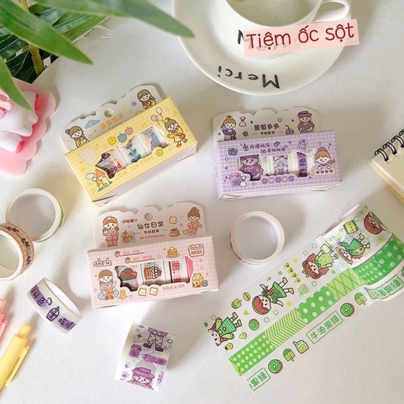 Hộp 4 cuộn băng keo Washi hoạt hình dễ thương dùng trang trí sổ tay