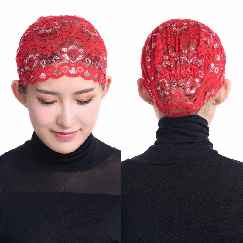 Mũ trùm đầu phối ren hoa phong cách Hồi giáo cho nữ