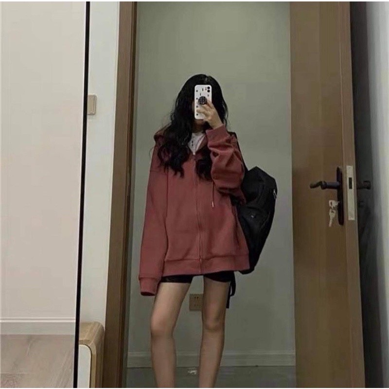 Áo Khoác Nỉ Trơn Mũ 2 Lớp Màu Đỏ Gạch Hot Trend Chất Dày Form Rộng Unisex Nam Nữ