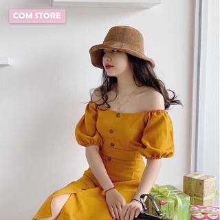 Đầm vintage tay phồng nút gỗ