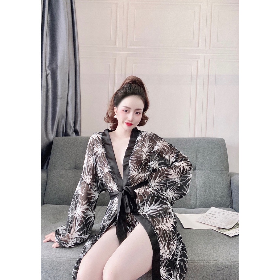 Áo Choàng Ngủ Sexy, Áo Ngủ Kimono Sexy, Áo Choàng Xuyên Thấu Chất Voan Hoa Phối Quần Satin Trơn Cao Cấp, Gợi Cảm, Thu Hú | BigBuy360 - bigbuy360.vn