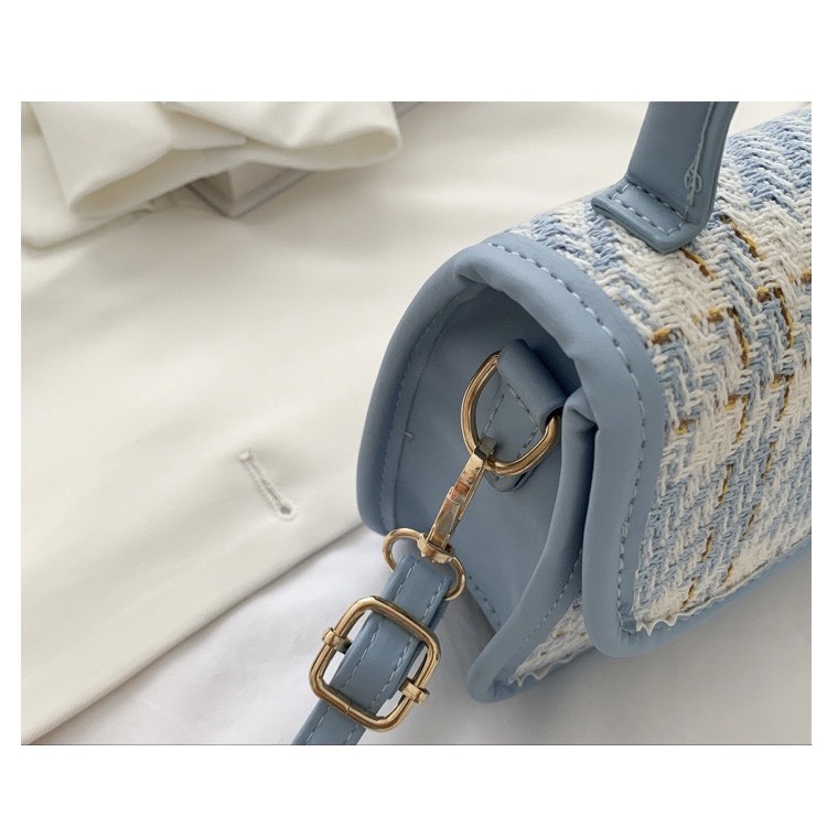 Túi Xách Nữ Vuông Họa Tiết Kẻ Sọc Xu Hướng Thời Trang 2021-Đen/Xanh Dương-Có Quà Tặng