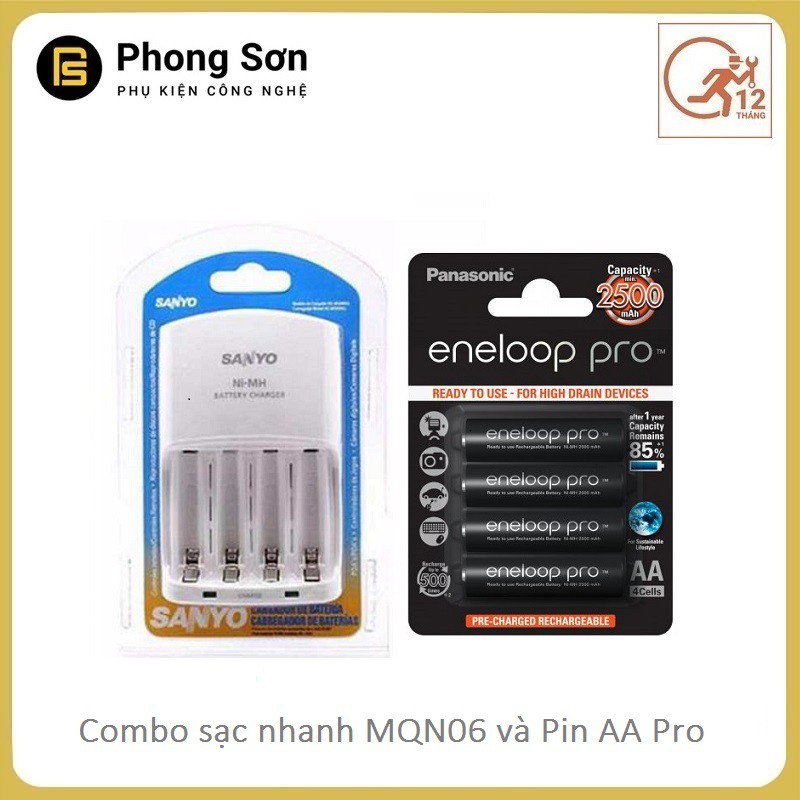 Combo Sạc Pin AA/AAA MQN06 Sanyo ( Sạc Nhanh ) + Pin Sạc AA Vỉ 4 Viên 2500 MAh Eneloop Pro