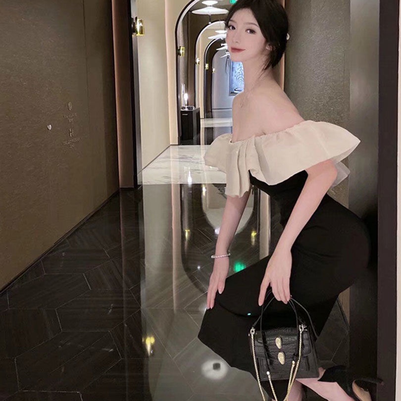 Yujie Đầm Voan Ống Dài Vừa Vai Xếp Ly Nhẹ Nhàng Phong Cách Mature