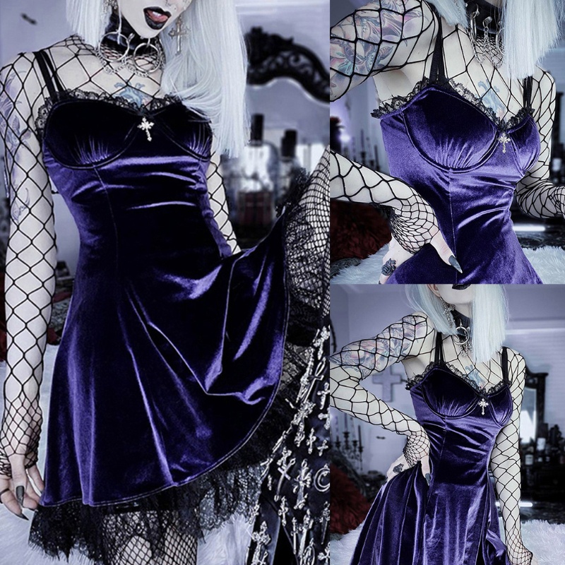 Đầm Nhung Hai Dây 10mk Thắt Nơ Phối Ren Phong Cách Gothic Punk Quyến Rũ Cho Nữ