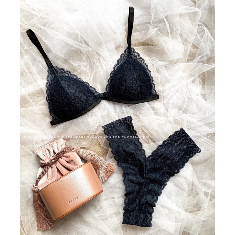 Bộ Bralette Ren Mút Ngực Quần Y Xanh Đen