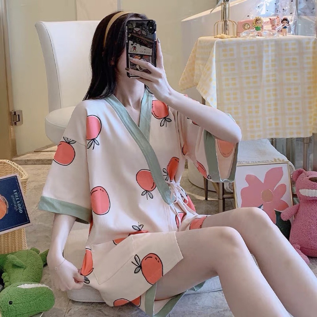 Set Đồ Nữ Pyjama Ngắn Tay Hoạt Hình Có Dây Buộc 5 màu - Bộ ngủ KIMONO thắt eo Cậu bé Quả đào - Yukata Kẻ hồng Cặp đôi