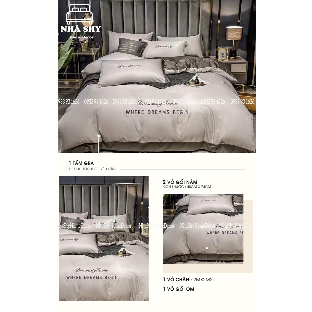 Trọn Bộ Chăn Ga Vỏ Gối Lụa Cotton Where Dreams Begin - Họa Tiết Viền Phối Hai Màu