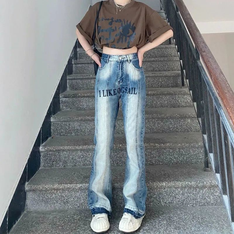 Jiashucheng Quần Jeans Nữ Ống Loe Lưng Cao Thêu Hoa