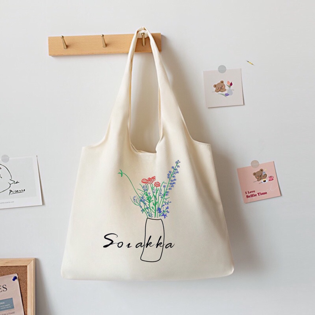 Túi tote Hazin túi vải canvas nữ hoạ tiết bình hoa đựng vừa laptop cỡ lớn đeo vai phong cách ulzzang