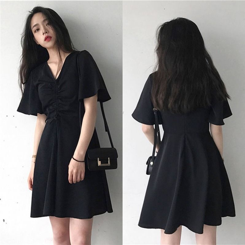 Đầm tay ngắn dáng chữ a màu đen phong cách retro thời trang pháp mùa hè cho nữ