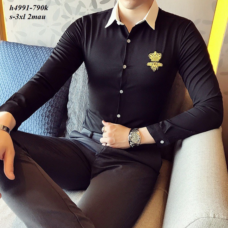 Áo sơ mi nam thêu con ong hàn quốc quá đẹp quá chất MS11